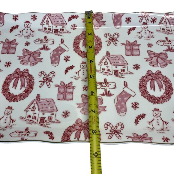 Christmas Toile Pattern Serving Tray Vintage Retro Ceramic Platter with Handles - Picture 3 of 7